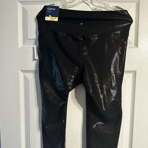 Old Navy Powersoft Leggings Black Shimmery Leather-Look, High Rise, Large, NWT